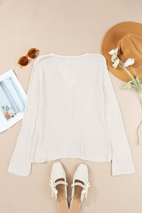 Ribbed Knit Bell Sleeve V-Neck Button Front Cardigan Sweater